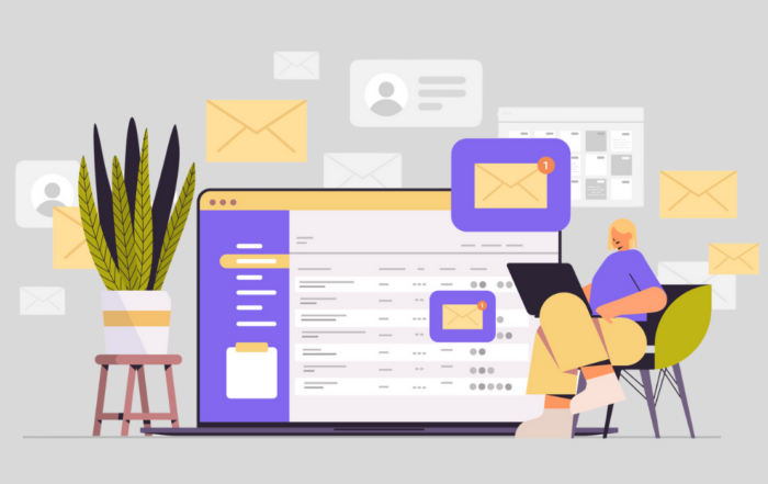 Woman looking through email subject lines