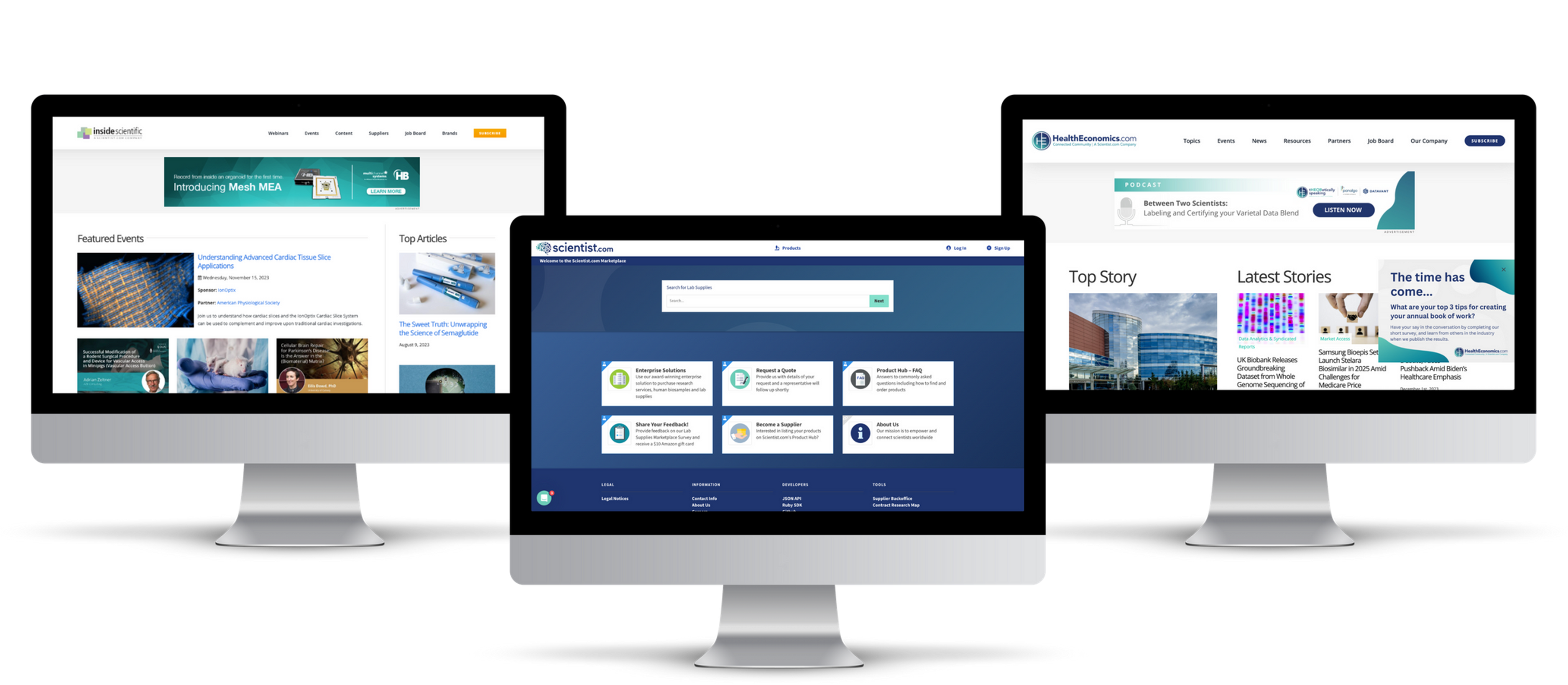 Media channels Three computers showing different media channels